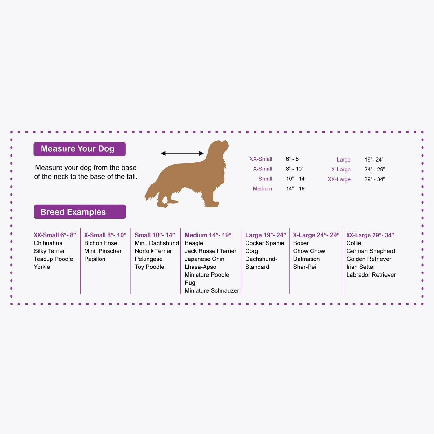 Dog size chart for measuring breeds with a brown dog illustration.