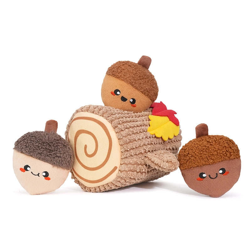 Toy set with a log and acorn characters on a white background