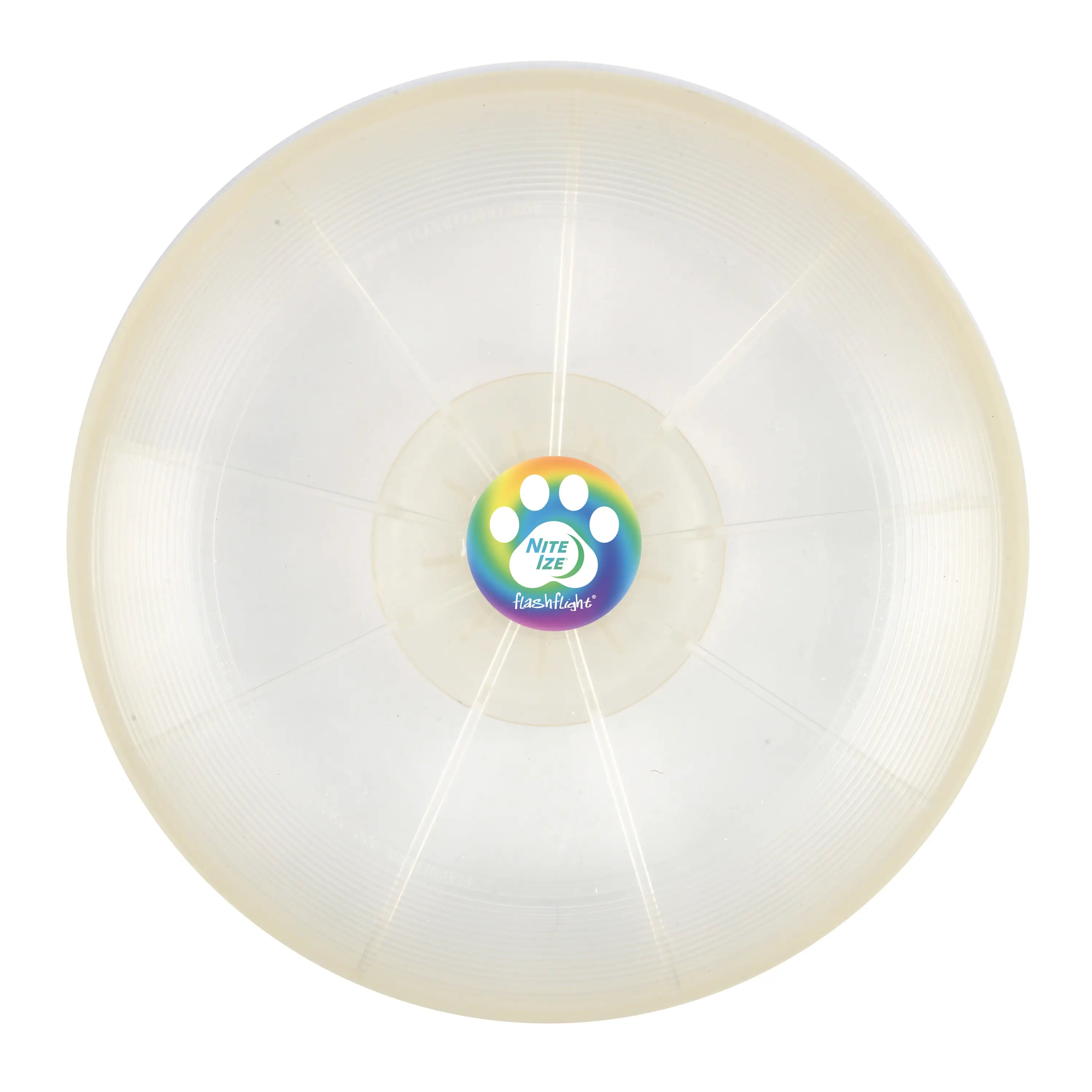 White plastic ball with a colorful logo on a white background