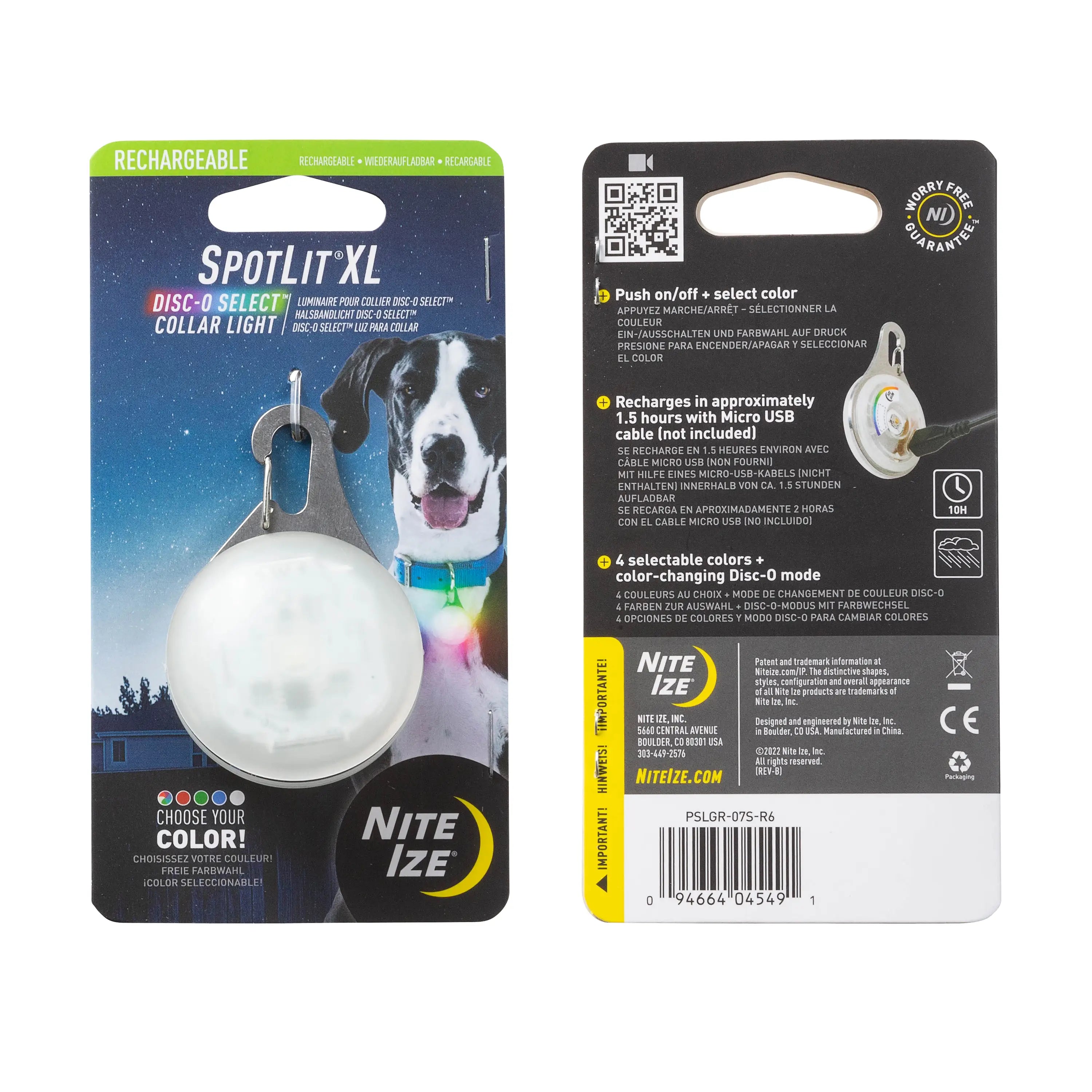 Nite Ize SpotLit XL rechargeable collar light packaging with a dog on a white background
