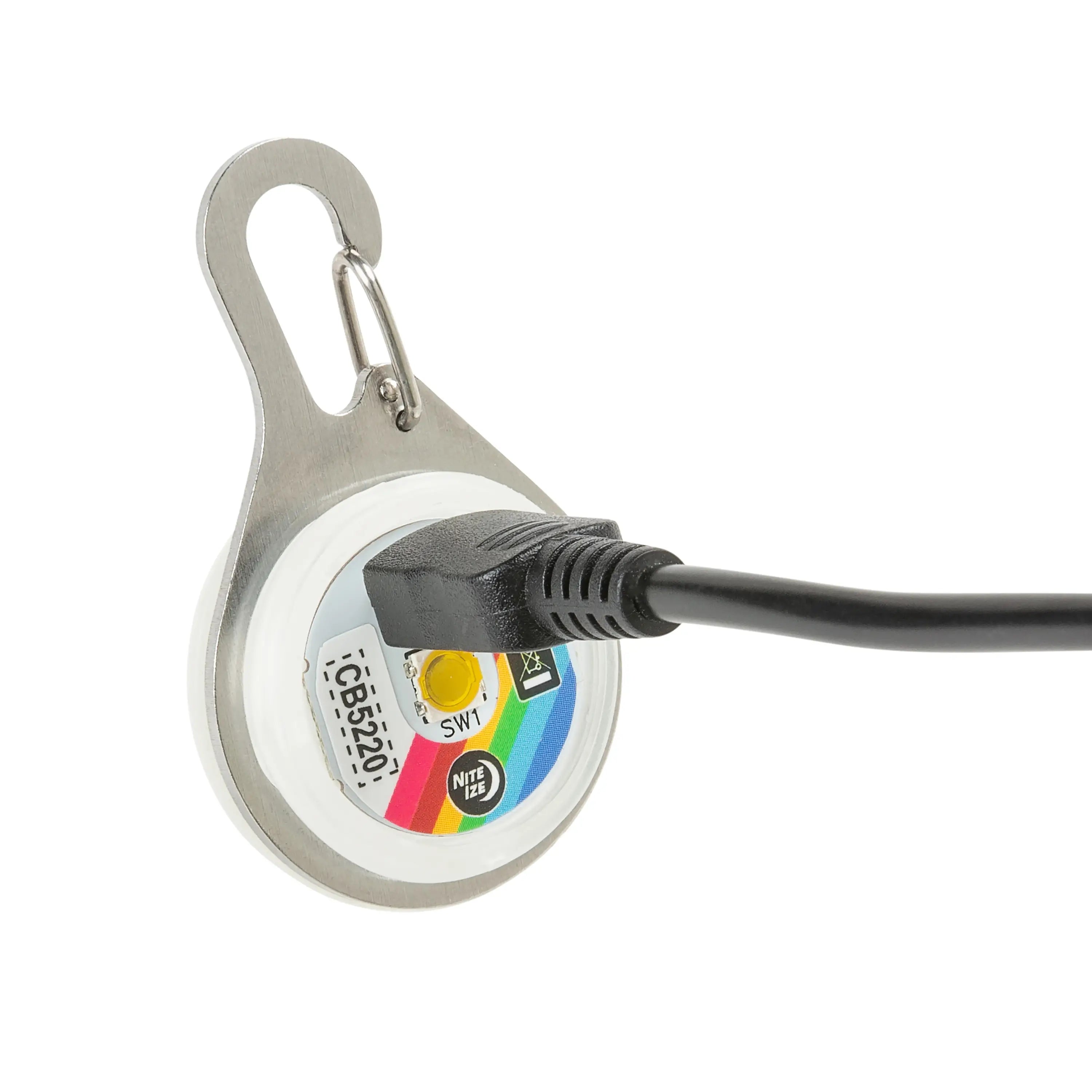 Retractable badge holder with a carabiner and USB cable on a white background