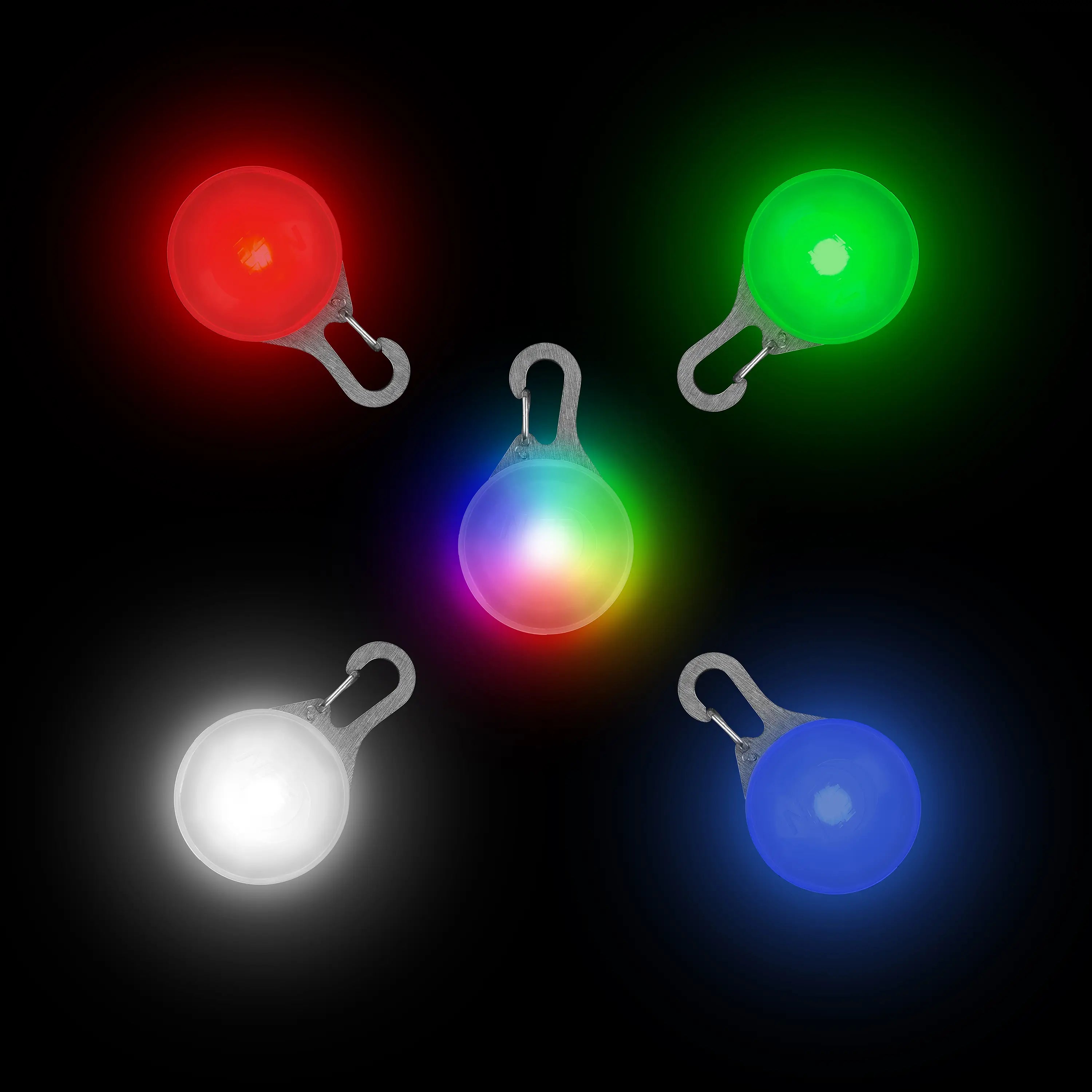Set of five colorful LED lights on a black background