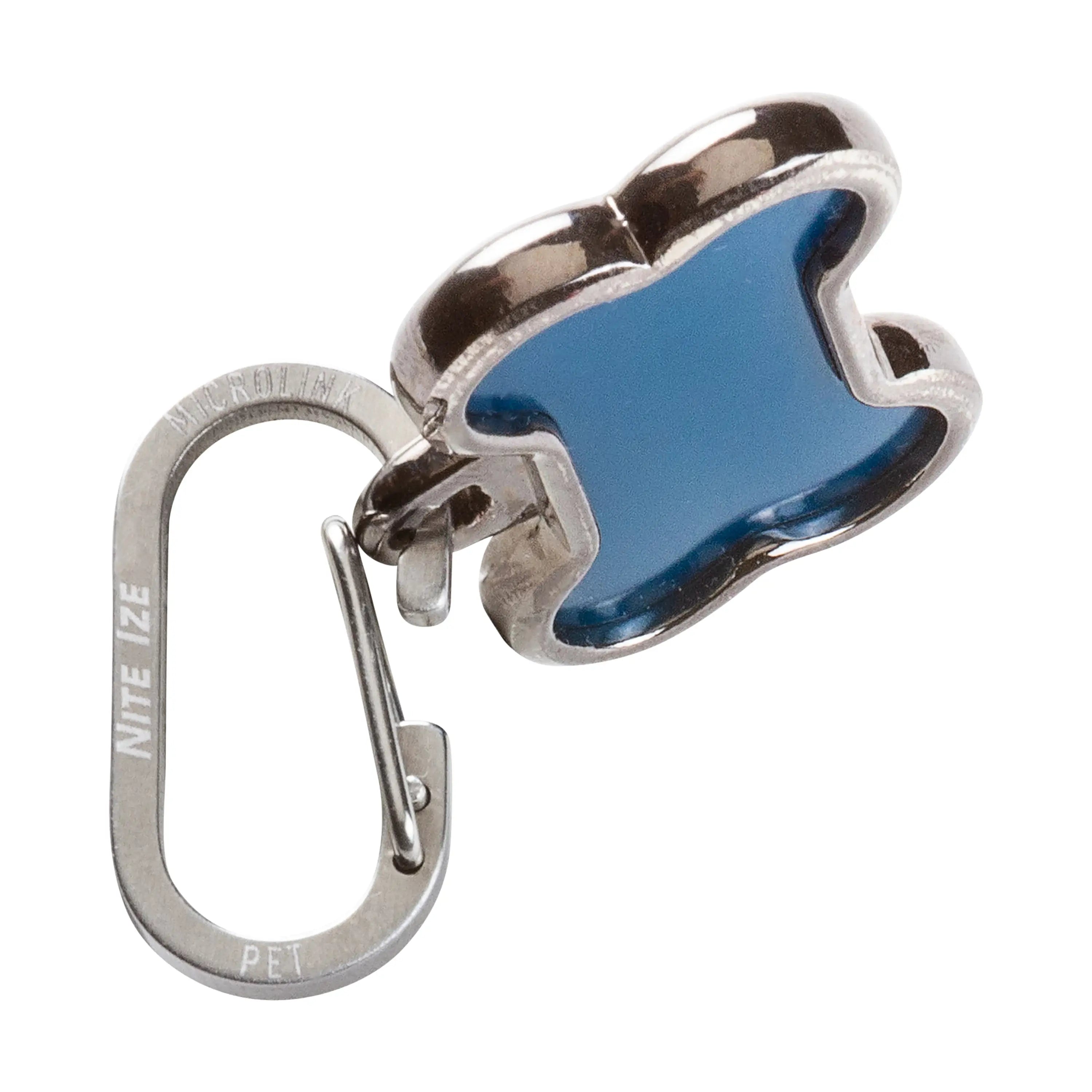 Blue bird-shaped keychain with metal carabiner on a white background