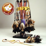 A cat toy featuring a clear colored flexible wand with leather lace, and natural chicken and rooster feathers.