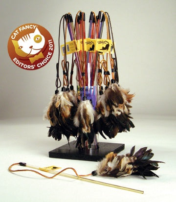 A cat toy featuring a clear colored flexible wand with leather lace, and natural chicken and rooster feathers.