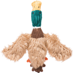 Plush duck toy with a knitted head on a white background
