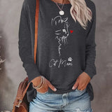 Cat Mom Grey Long Sleeve Tee Face Silhouette