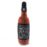 Dog toy shaped like a bottle with 'Bark Daniel's Whiskery' text on a white background