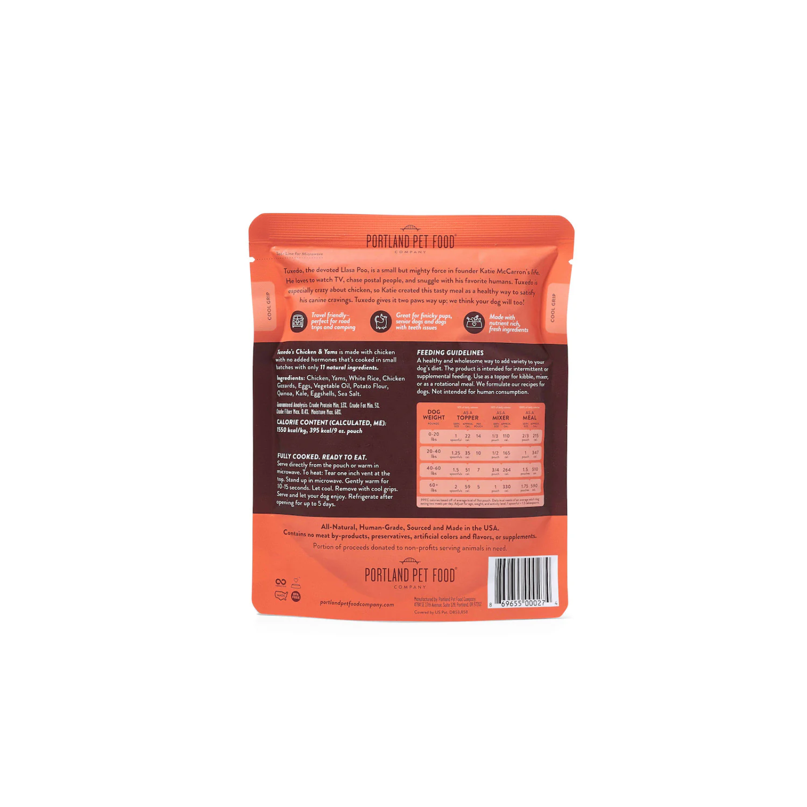 Back view of a Portland Pet Food packaging on a white background