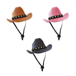 Three cowboy hats in brown, pink, and gray with star-studded bands on a white background.