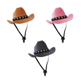 Three cowboy hats in brown, pink, and gray with star-studded bands on a white background.