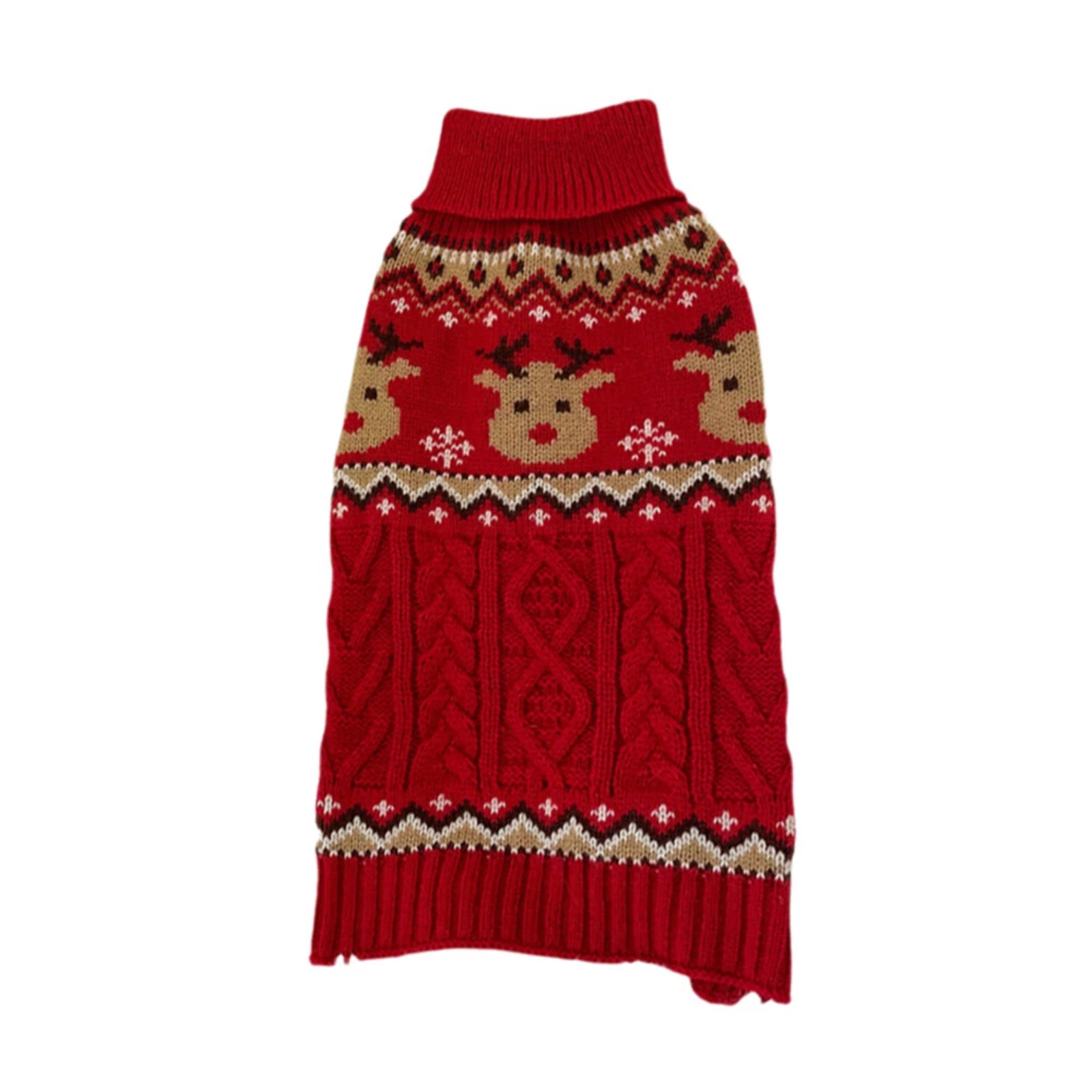 Red knitted dog sweater with reindeer and snowflake pattern on a white background