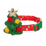 Christmas tree-shaped dog collar with red and green polka dot design on a white background