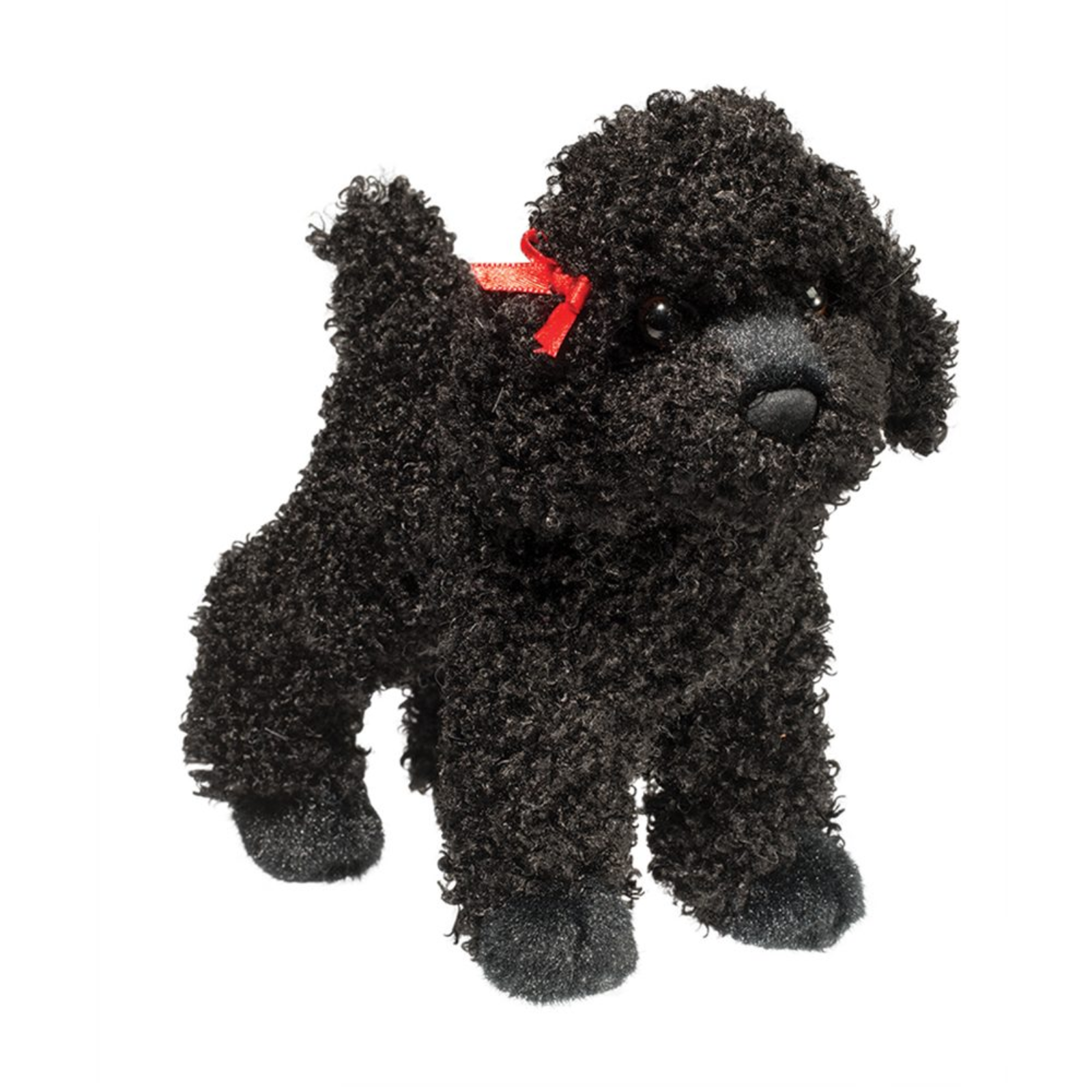 Black plush toy dog with a red bow on a white background