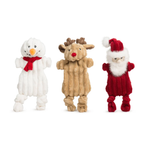 Three Christmas-themed dog toys: a snowman, reindeer, and Santa Claus on a white background.