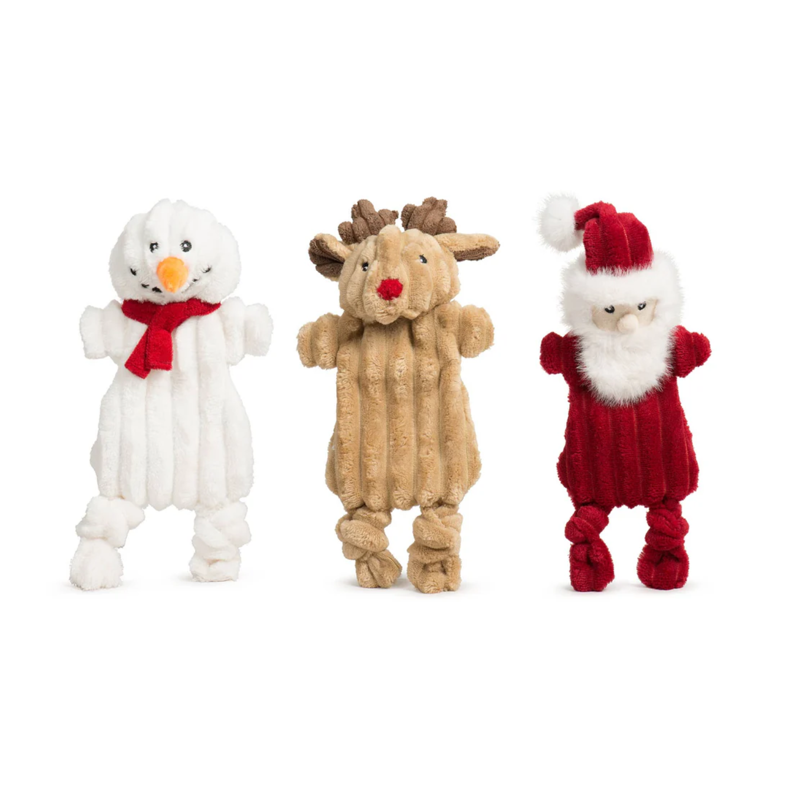 Three Christmas-themed dog toys: a snowman, reindeer, and Santa Claus on a white background.