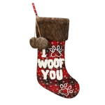 Red Christmas stocking with 'I Woof You' text and paw prints on a white background