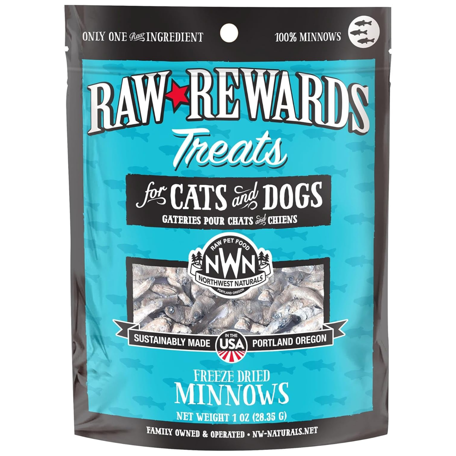 Package of Raw Rewards Treats for cats and dogs with a blue background