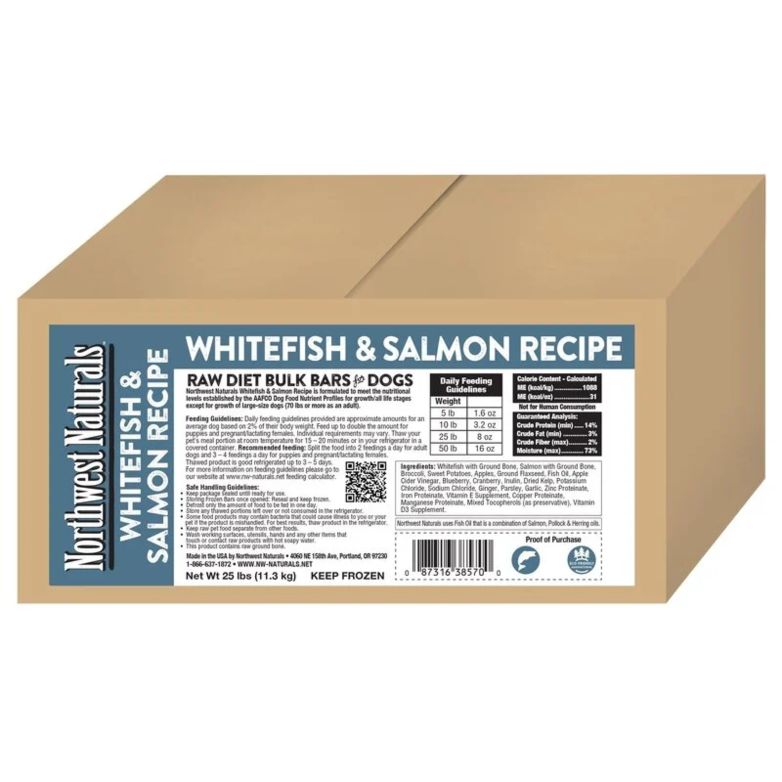 Cardboard box of Northwest Naturals Whitefish & Salmon Recipe raw diet bulk bars for dogs.
