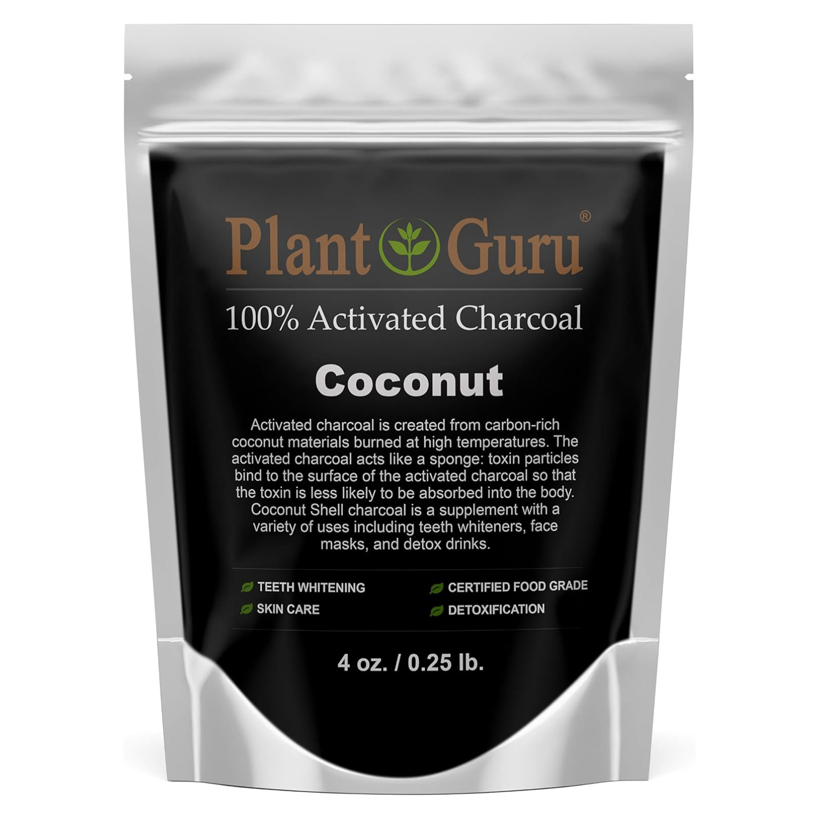 Plant Guru coconut activated charcoal packaging on a white background