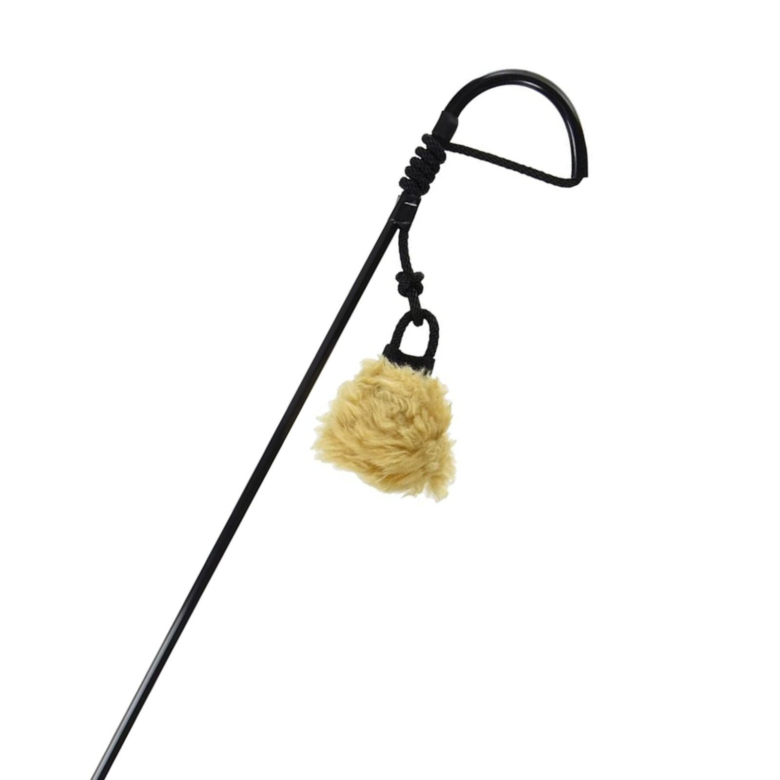 Cat toy with a beige ball on a black rod against a white background