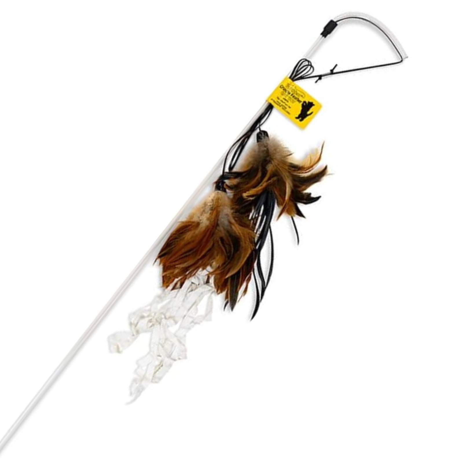 Cat toy with feathers on a white background