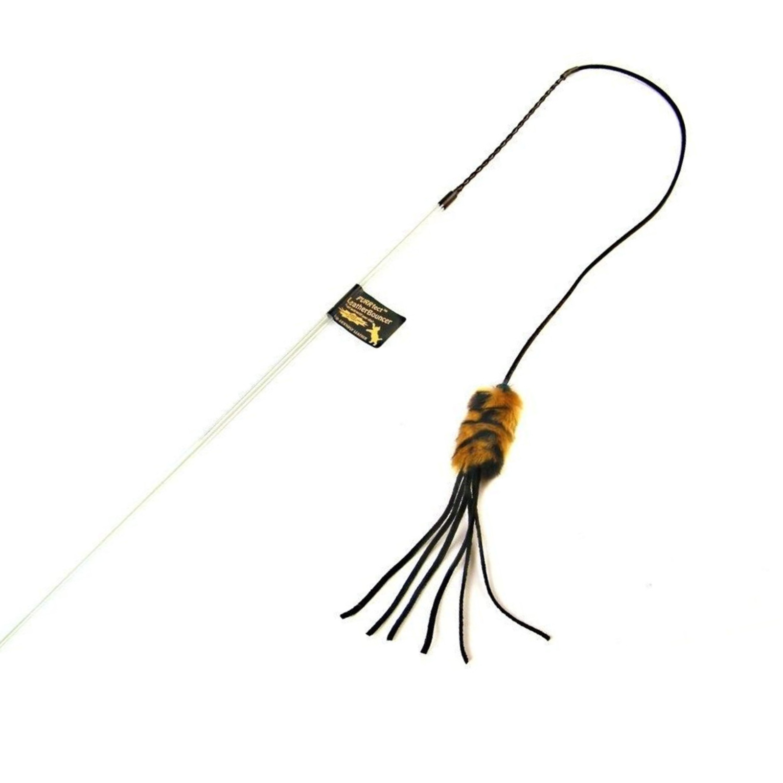 Cat toy with a long string and fuzzy end on a white background
