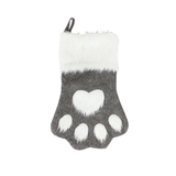 Gray and white paw print stocking with fluffy texture on a white background