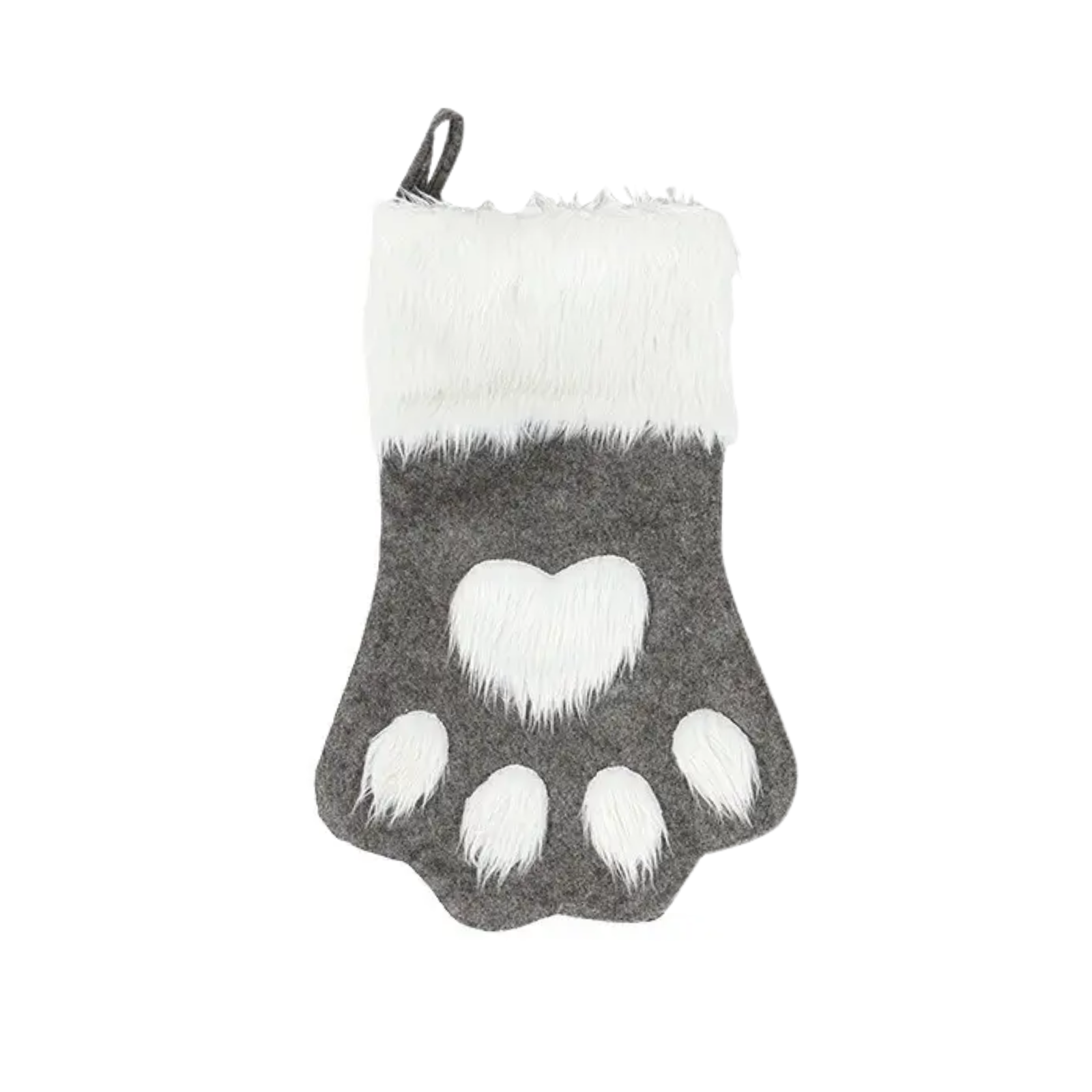 Gray and white paw print stocking with fluffy texture on a white background