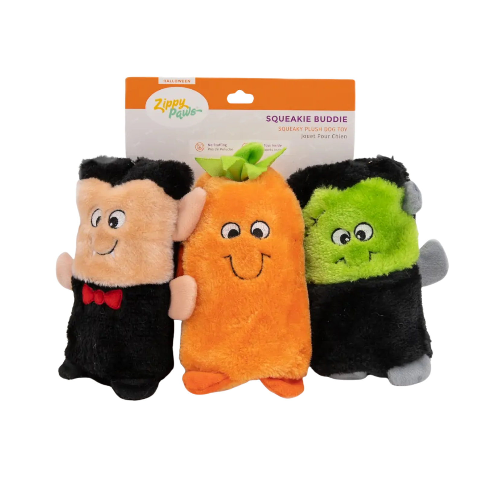 Three plush toys resembling a vampire, pumpkin, and green monster with packaging labeled 'Zippy Paws' on a white background.