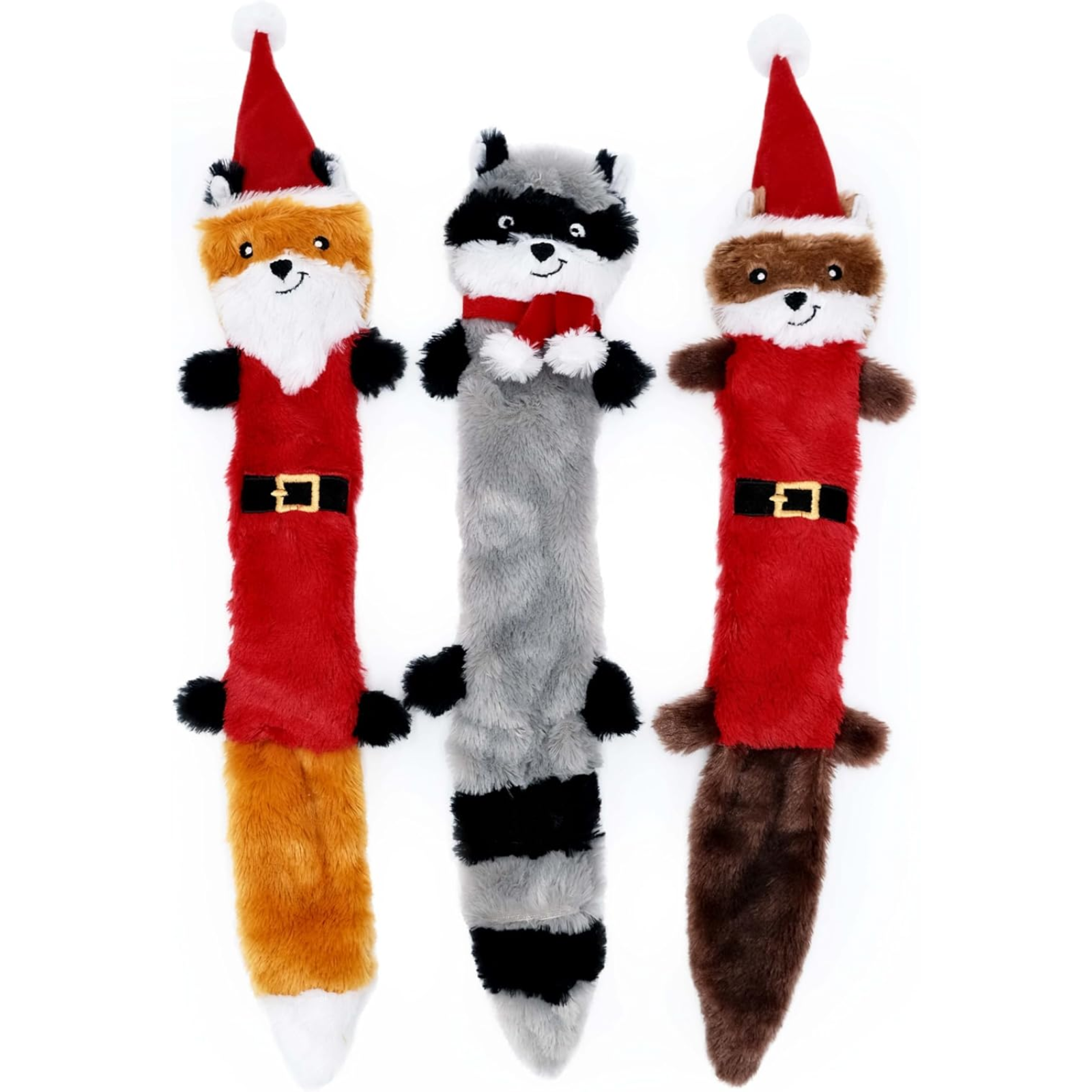 Three plush dog toys shaped like foxes and a raccoon, each with a Santa hat on a white background.