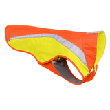 Reflective dog jacket with orange and yellow colors on a white background