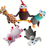 Five colorful plush toys shaped like animals on a white background