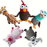 Five colorful plush toys shaped like animals on a white background