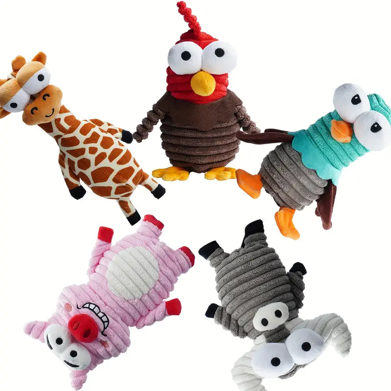 Five colorful plush toys shaped like animals on a white background