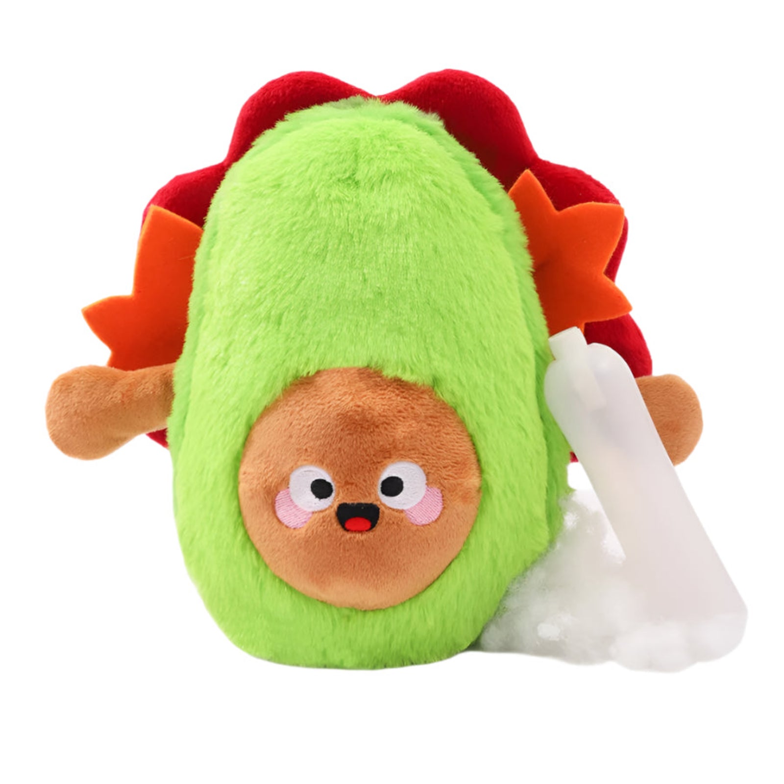 Plush toy avocado with a face on a white background