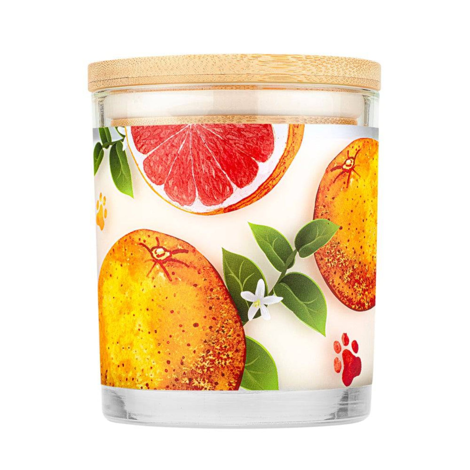 Candle with grapefruit and mango design on a white background