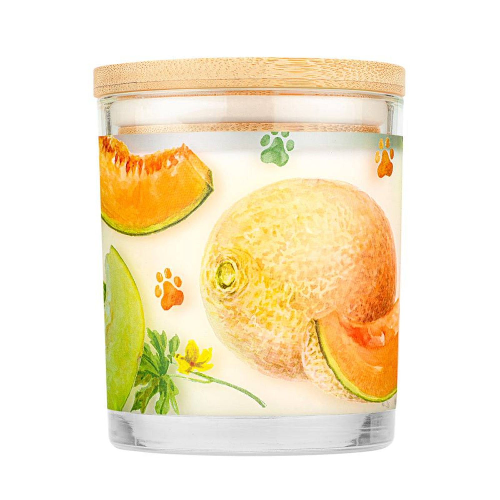 Candle jar with melon design and wooden lid on a white background