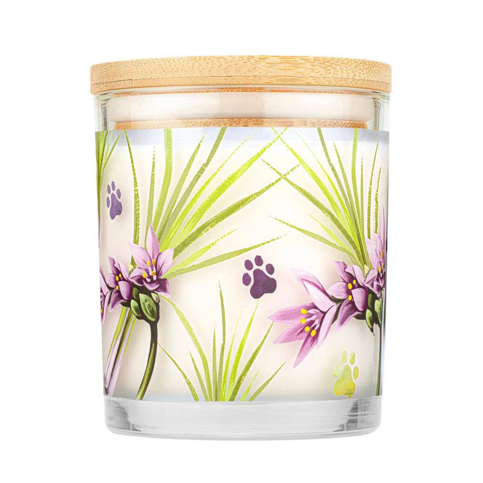 Candle with floral design and wooden lid on a white background
