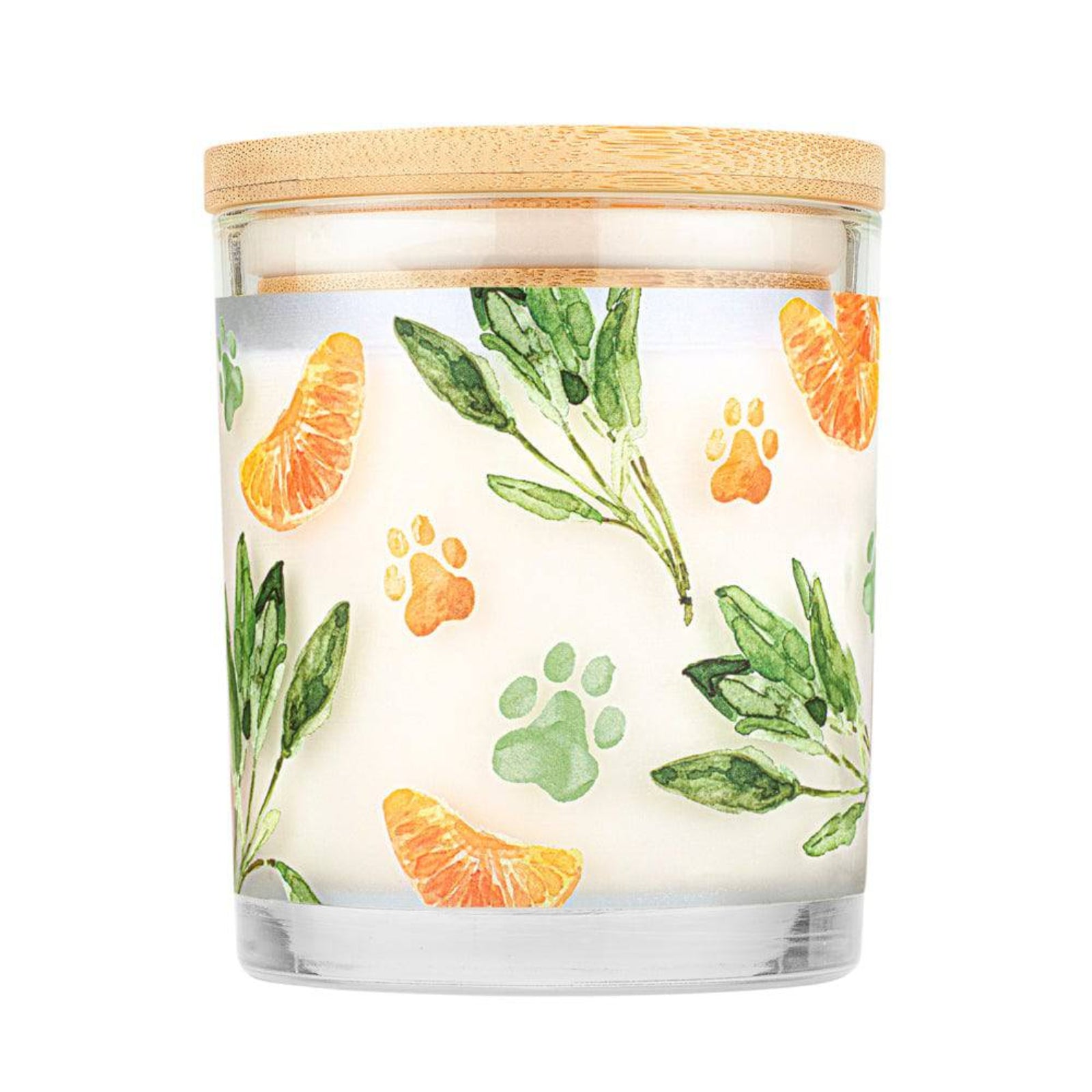Candle with botanical design and wooden lid on a white background