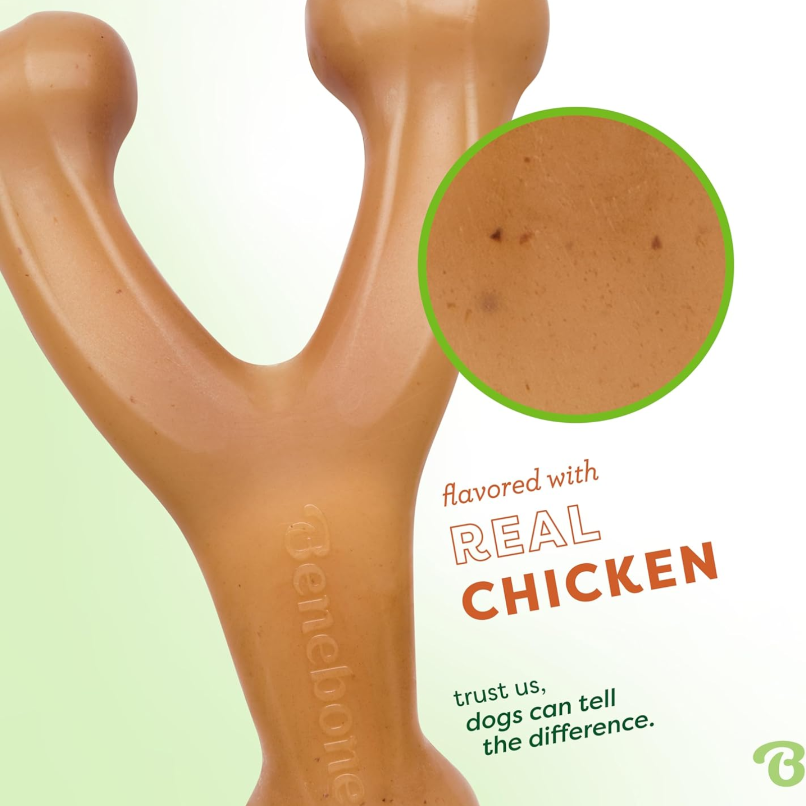 Dog toy with 'Bendable' branding and text about chicken flavor on a light green background.