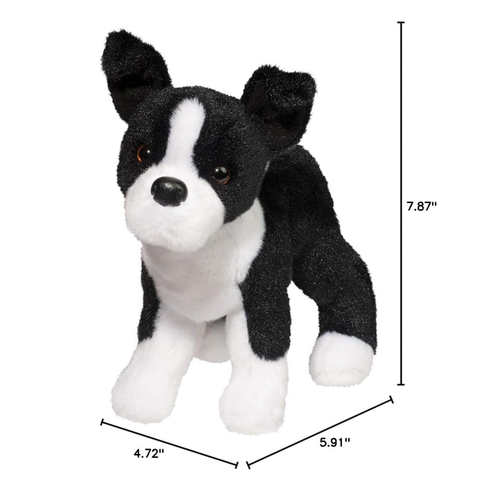 Black and white stuffed dog toy with measurements on a white background