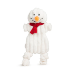 Plush snowman toy with a red scarf on a white background