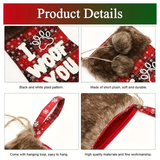 Product details of a red and white dog bandana with 'I Woof You' text and plaid pattern.
