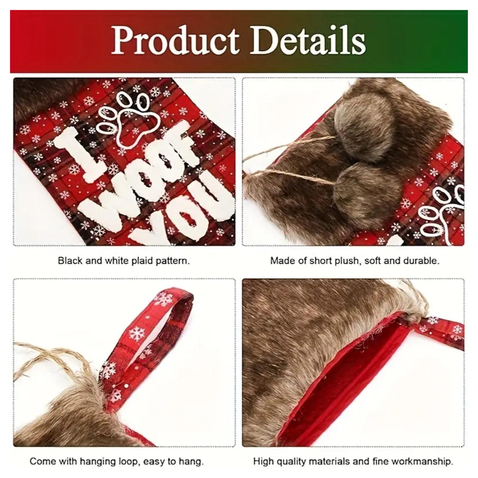Product details of a red and white dog bandana with 'I Woof You' text and plaid pattern.
