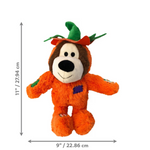 Orange plush toy with a hat, measurements on a white background