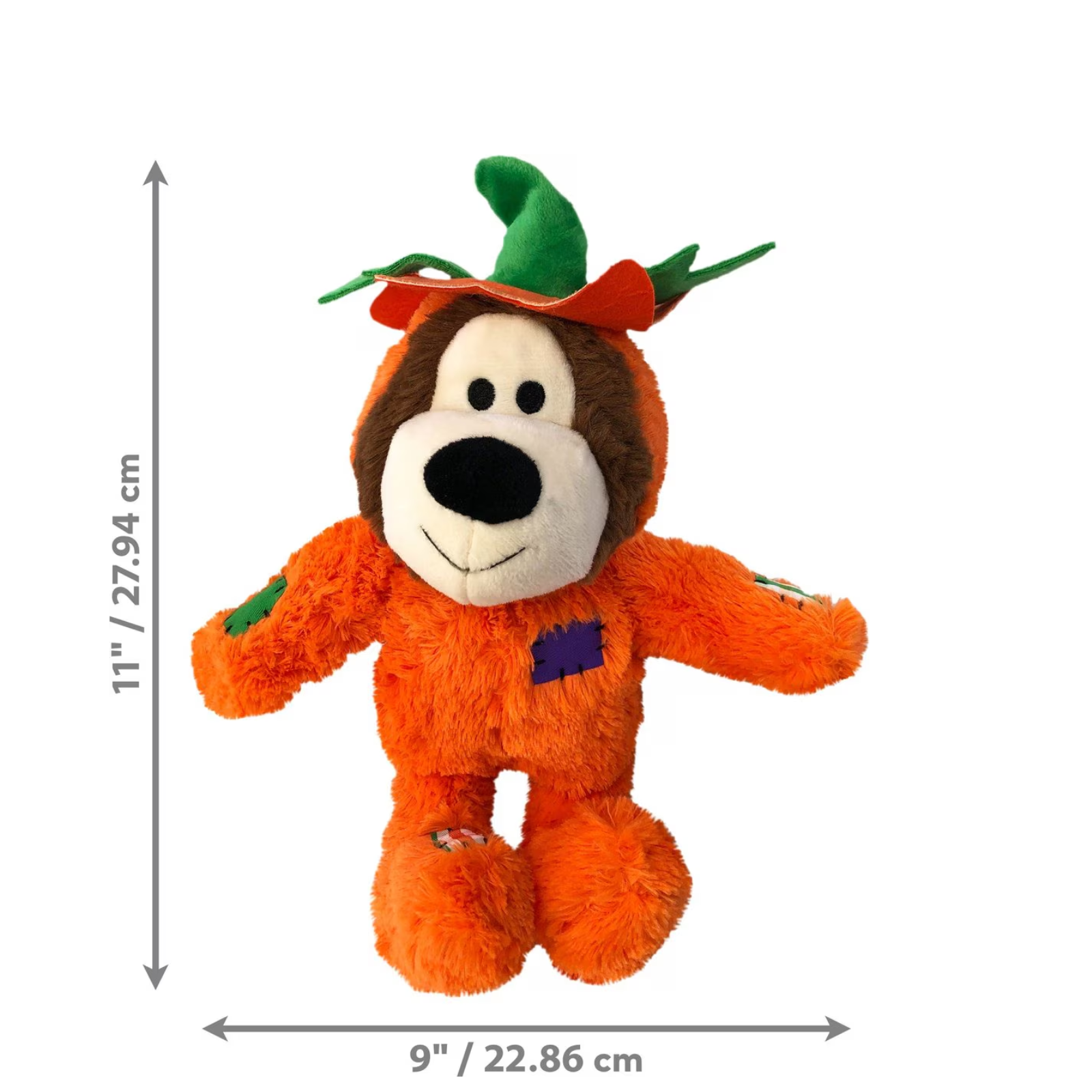 Orange plush toy with a hat, measurements on a white background
