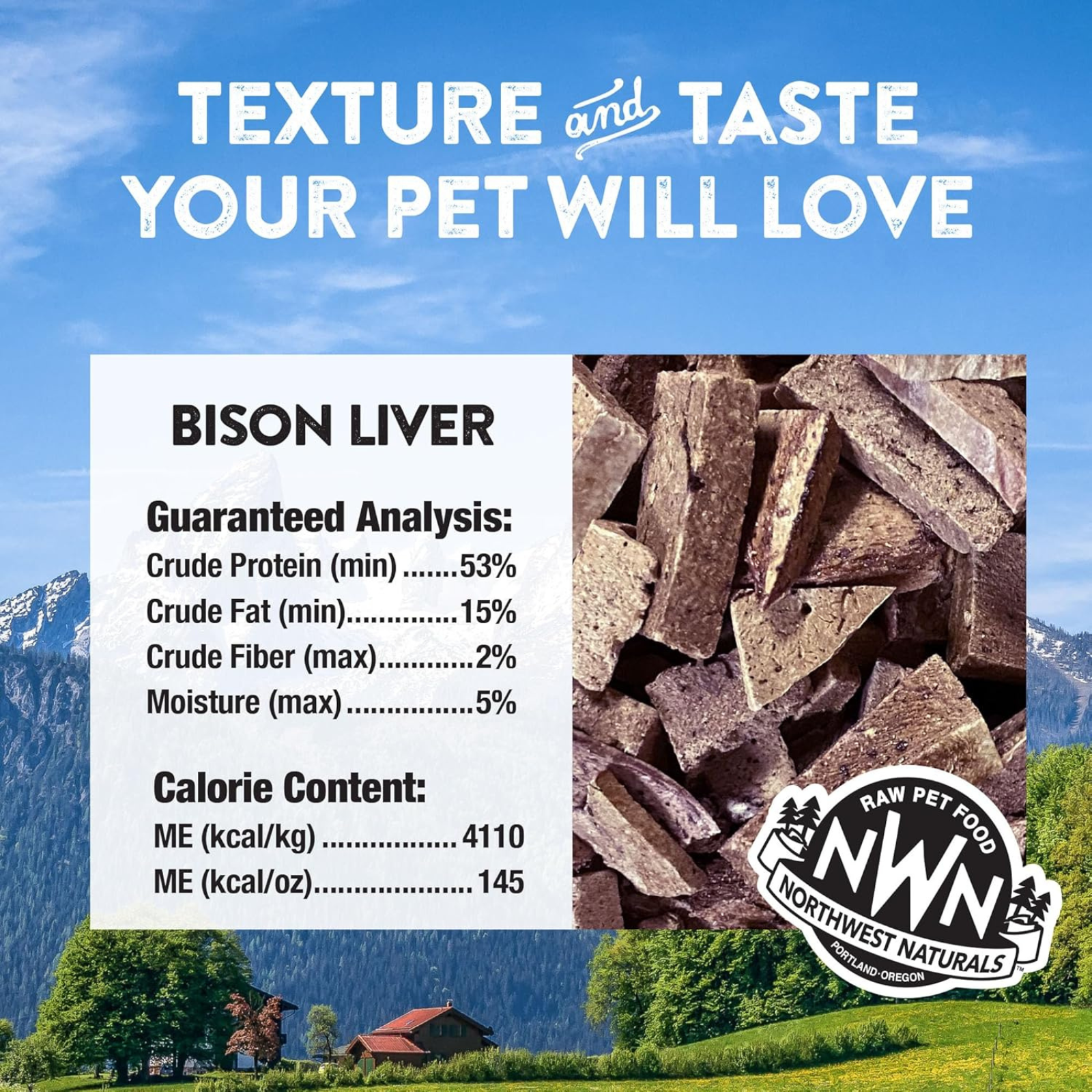Advertisement for Northwest Naturals bison liver pet food with mountain and landscape background