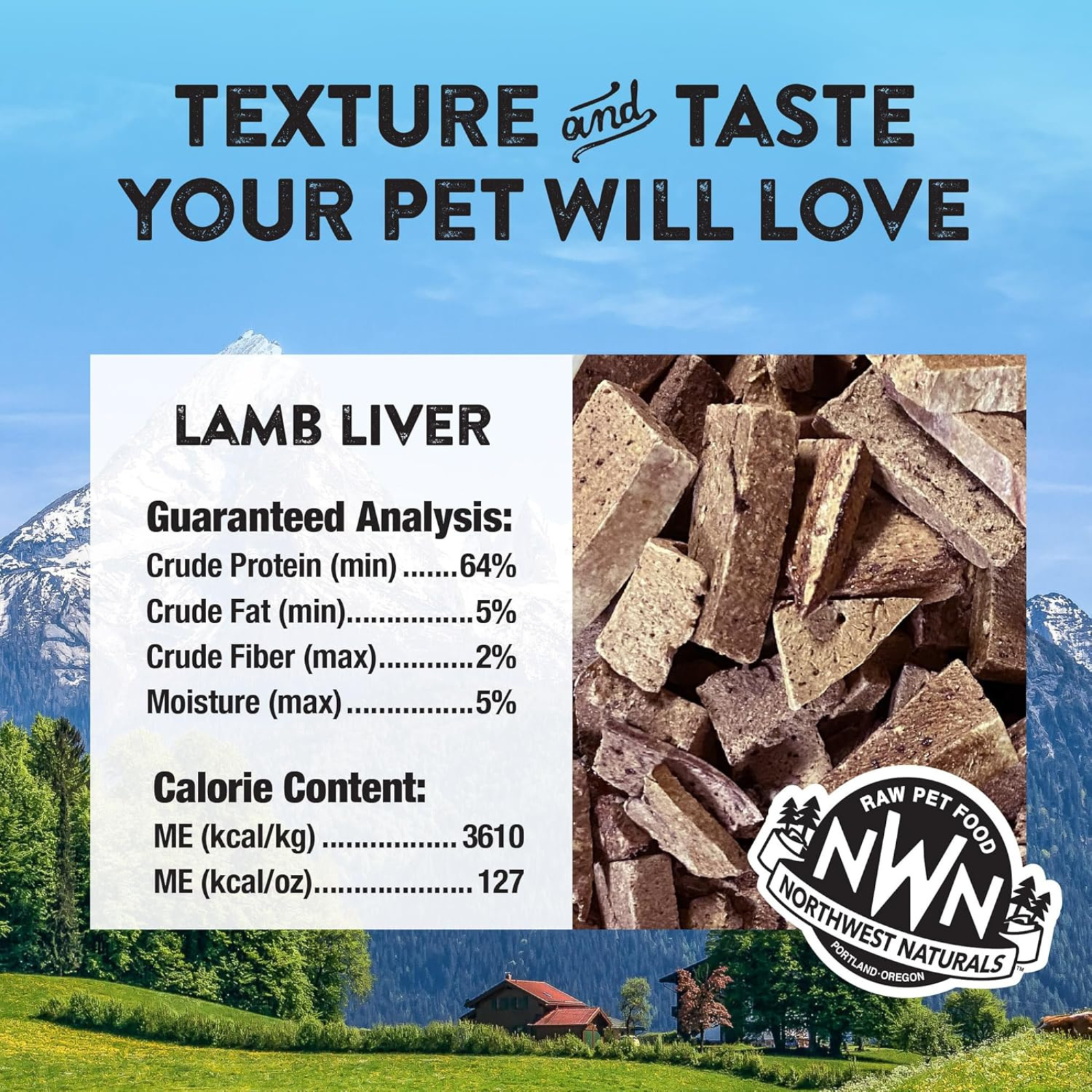 Northwest Naturals lamb liver pet food packaging with mountain and forest background