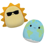Plush sun and earth toys on a white background